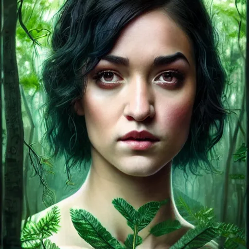 Prompt: gorgeous Jade Tailor (The Magicians TV show), realistic character concept, black hair, symmetrical face symmetrical eyes, green dress, forest, trees, medium shot, shorter neck, illustration, cinematic lighting, artgerm, Tom Bagshaw, Norman Rockwell, insanely detailed and intricate, beautiful