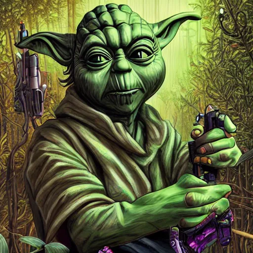 Image similar to yoda terminator, graffiti city covered in vegetation, highly detailed, smooth color composition, digital art masterpiece