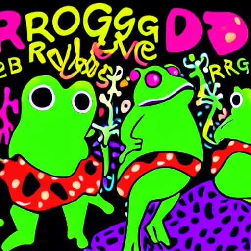 Image similar to frog rave, large bullfrog DJ, lots of frogs dancing on drugs, psychedelic, bright lights, loud music, intense club, cartoon