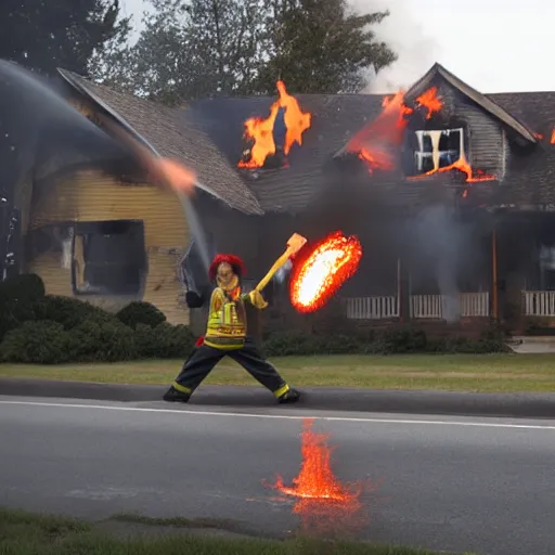 Image similar to photo of a clown using a flamethrower projecting a long bright flame towards a house fire