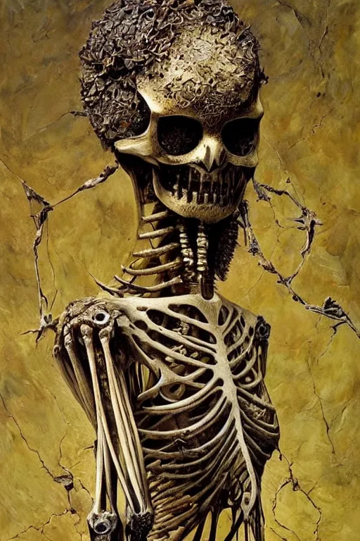 Image similar to realistic detailed statue of an owl skeleton, cracked body full of scars, made by Karol Bak and Bernini. Rich colors. Beksinski and painting. Masterpiece