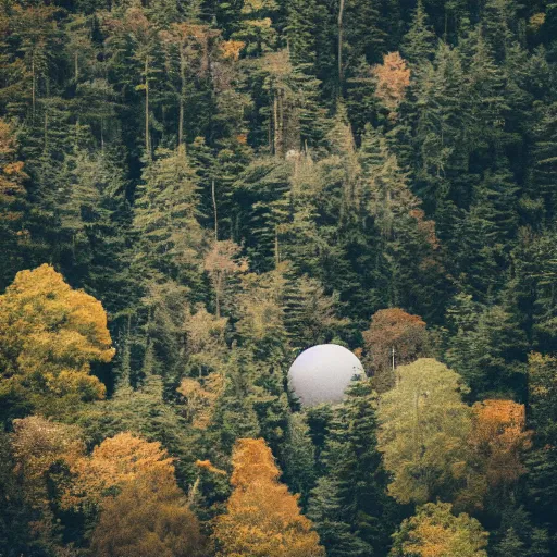 Image similar to sci fi round buildings in a steep sided valley with trees, a sense of hope and optimism, stark light, day time, unsplash, national geographic, hd, high res