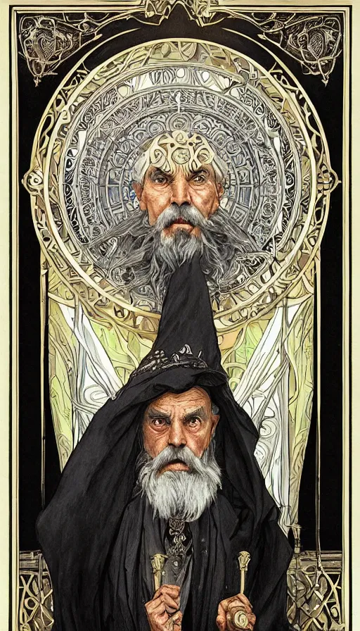 Prompt: an old man with a light, a black cloak and a white beard, highly detailed, very intricate, art nouveau, gold filigree, left right symmetry, tarot concept art watercolor illustration by mandy jurgens and alphonse mucha and alena aenami, featured on artstation