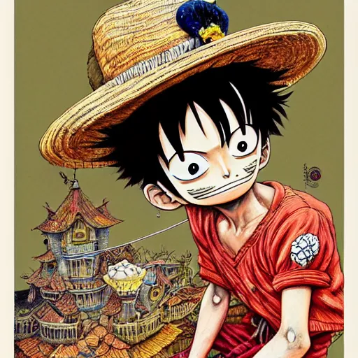 Prompt: beautifil luffy painted in jacek yerka aykut aydogdu and leslie zhang style drawn by vania zouravliov and takato yamamoto, intricate acrylic gouache painting, high detail, sharp high detail, artstation, manga and anime