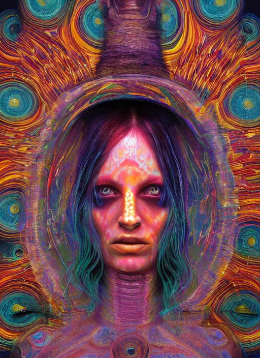 Image similar to portrait ultra dimensional cult girl shaman, accidentally tripping on dmt and acid, psychedelic experience, ascending through the fifth dimension moving at the speed of light and sitting still, ultra high definition, unreal engine 5, hyperrealism, masterpiece composition, by peter kemp, casey weldon, barclay shaw