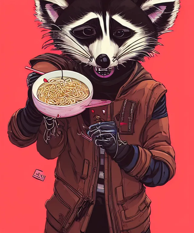 Image similar to a portrait of an anthropomorphic cyberpunk raccoon eating ramen, cyberpunk!, fantasy, elegant, digital painting, artstation, concept art, matte, sharp focus, illustration, art by josan gonzalez