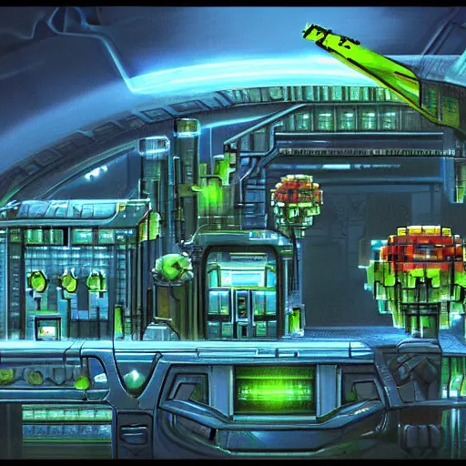 Image similar to metroid city world concept art