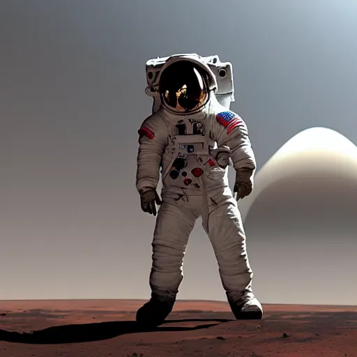 Image similar to an astronaut on Mars, bio domes in the background