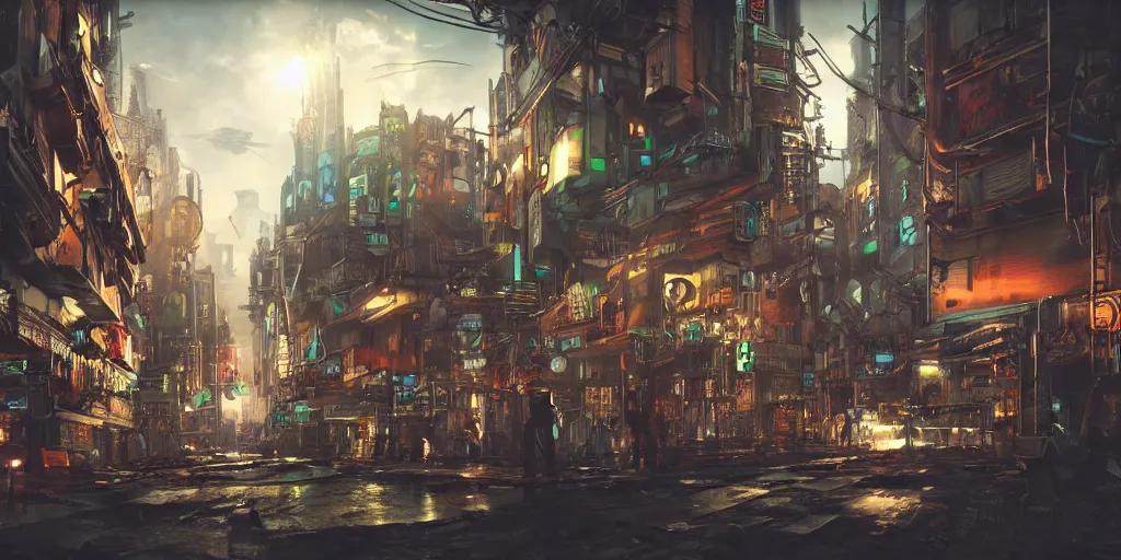 Prompt: wide shot, photorealistic art of a cyberpunk punk and steampunk city concept, dynamic lighting, hyper realistic, cinematic, realism