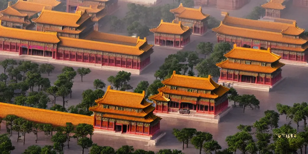 Image similar to a very high resolution image from a new movie, super fantasy shape of cyberpunk building and forbidden city, front view, photorealistic, photography, directed by wes anderson