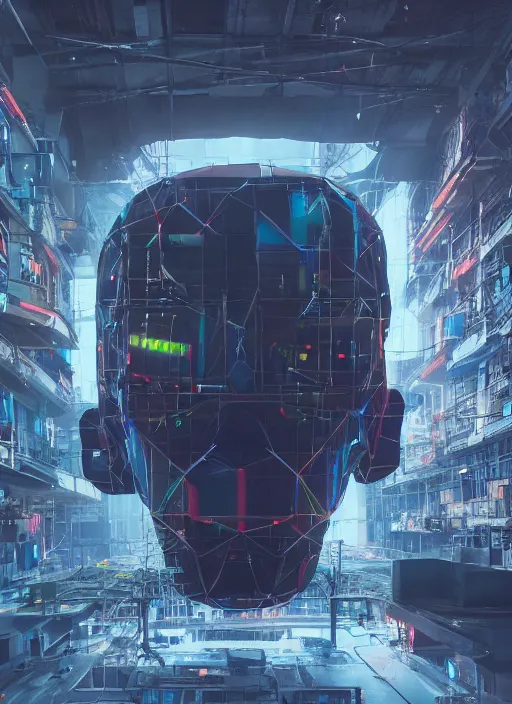 Image similar to people building giant head of a robot mickey mouse inside of abandoned netflix office, cyberpunk, by beeple, dystopia, golden ratio, octane render, redshift, trending on artstation, 8 k