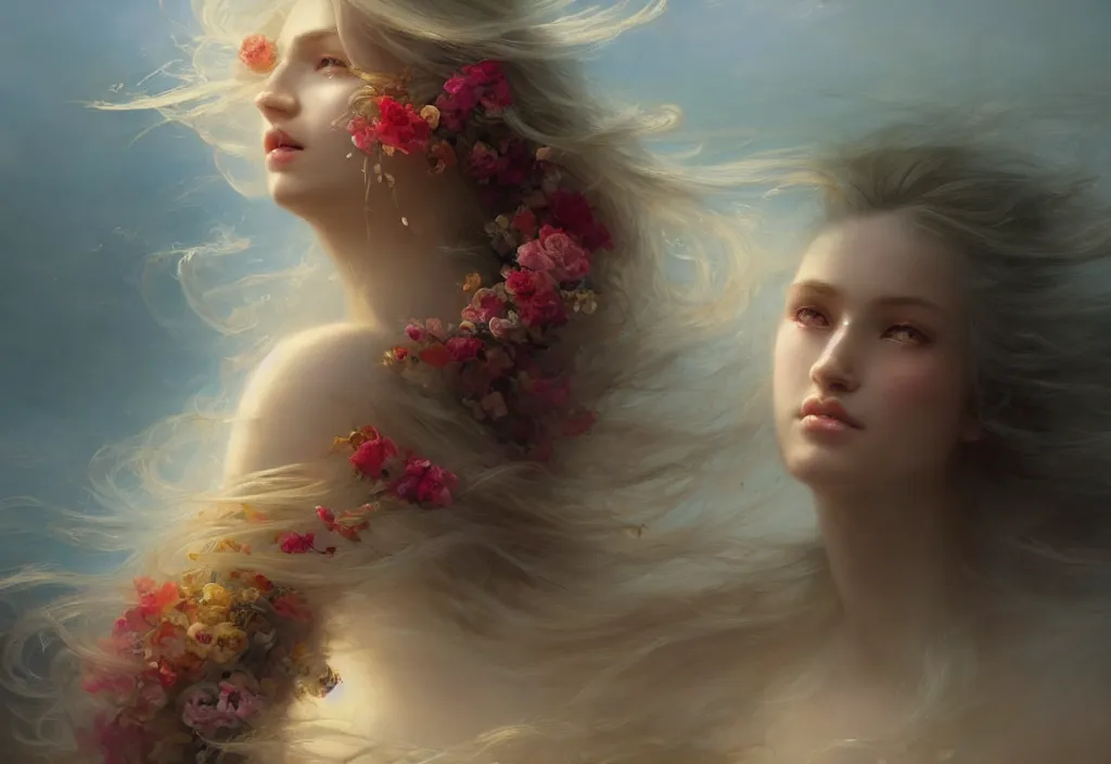 Image similar to epic portrait an beautiful goddess with long blonde flowing hair full off flowers, sweaty skin, glossy lips, beautiful, broad light, ambient occlusion, volumetric light effect, made by ivan aivazovsky, peter mohrbacher, greg rutkowski, matte painting, trending on artstation, 4 k, perfectly defined features, digital painting, wallpaper