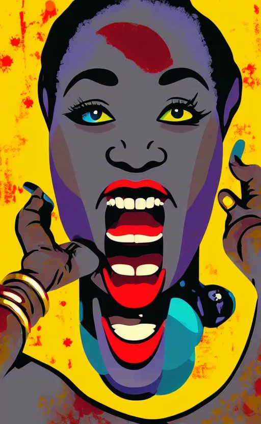 Image similar to mama africa laugh at her child!!! pop art, pixel, bioshock, gta chinatown, artgerm, richard hamilton, mimmo rottela, julian opie, aya takano, avoid object duplicate!!!