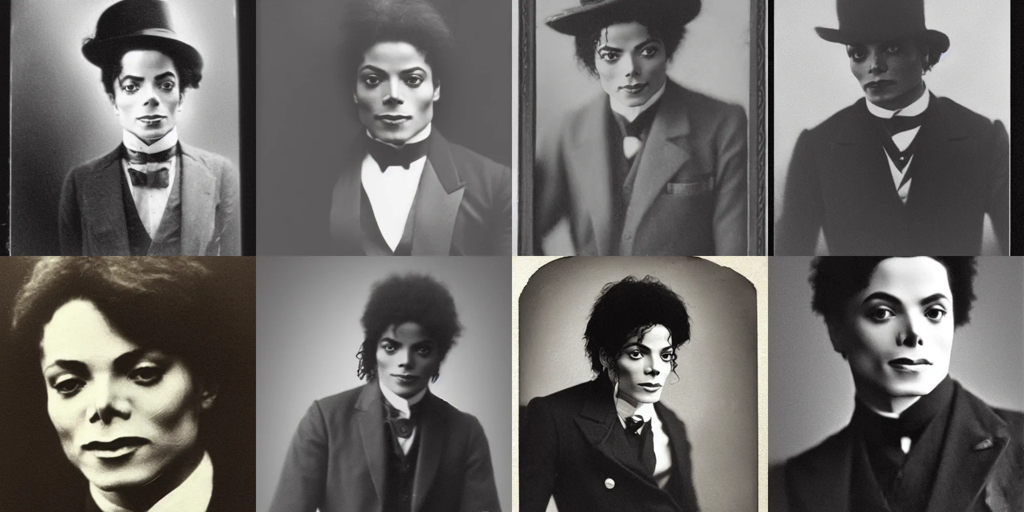 Prompt: edwardian photograph of michael jackson, male, 1 9 0 0 s, 1 9 1 0 s, grainy, slightly blurry, faded, realistic face