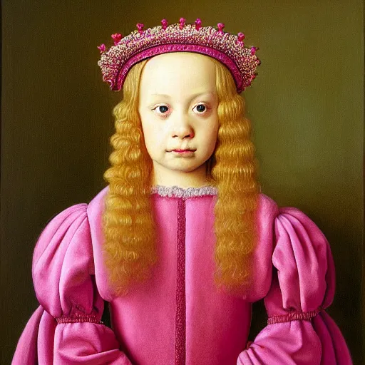 Image similar to beautiful blonde princess in pink dress, hyperrealism oil painting, jan van eyck