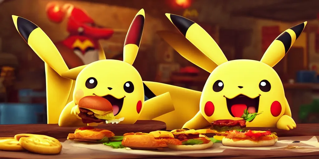 Prompt: Pikachu eating a hamburger, digital art, highly detailed, hyper realistic, unreal engine 5, trending on artstation, 4k uhd, epic composition