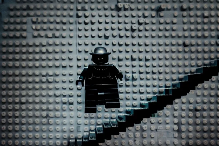 Image similar to a small faceless figure walking down a darkened stairway made of lego, horror film