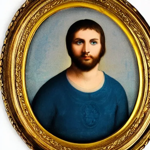 Image similar to a very detailed portrait of a young adult man in completely baby blue tunic, wearing a gold medallion!!! around his neck. he has an oval shaped head and roundish nose, blue eyes, kind face and no facial hair. he has dark brown hair and wears it in a tight long ponytail.