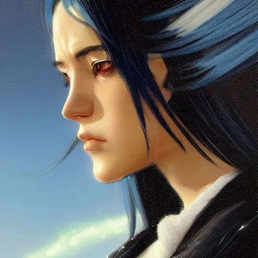 Image similar to profile shot of rimuru tempest, sky blue, straight hair, long bangs, amber eyes, wearing a black jacket with white stripes, high collar, highly detailed, unreal engine 5, digital painting, cinematic, wlop | artgerm, pixiv, yoshitaka amano, greg rutkowski, ilya kuvshinov, andy warhol