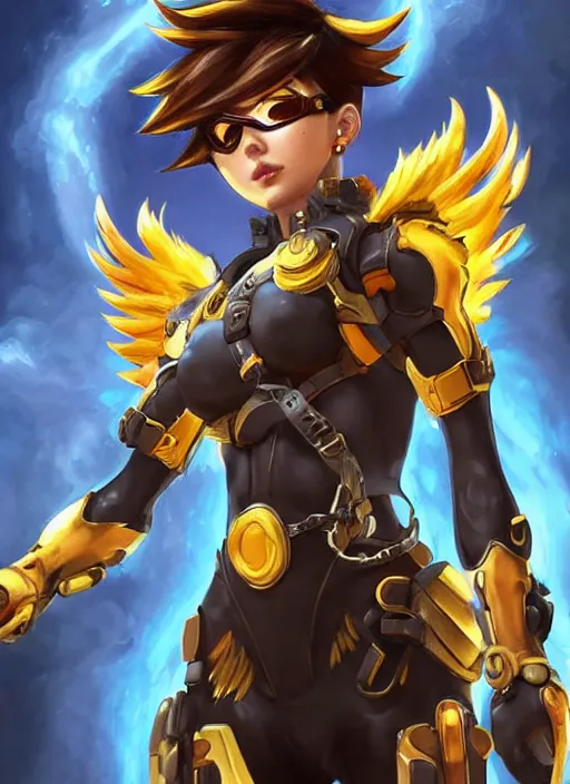 Image similar to full body oil painting of tracer overwatch, angel wings, dramatic painting, symmetrical composition, wearing gold detailed choker, golden cuffs, golden armor, detailed face and eyes,