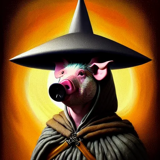 Image similar to rpg! profile!!! portrait of humanoid pig on white background, wizard hat, wizard cloak, surreal, vintage doll, intricate, highly detailed, digital painting, artstation, concept art, smooth, sharp focus, illustration, art by norman rockwell emiliano ponzi andrey remnev yoann lossel aaron jasinski, 8 k