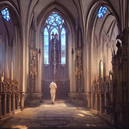 Image similar to angel protecting man who is praying inside a gothic church by Stanley Artgerm Lau, WLOP, Rossdraws, James Jean, Andrei Riabovitchev, Marc Simonetti, Yoshitaka Amano, ArtStation, CGSociety, highly detaild 4K, cinematic style, studio light