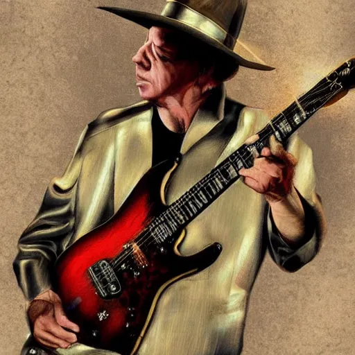 Image similar to a Stevie Ray Vaughn guitarist playing so intensely there is electricity shooting out from his guitar, energy beams under his finger tips, and magic sparkles from the freboard, amazing ditial art, trending on artstation, featured on deviantart