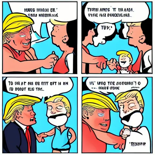 Prompt: tiny person is laughing and pointing at donald trump in a swimsuit. comic strip.