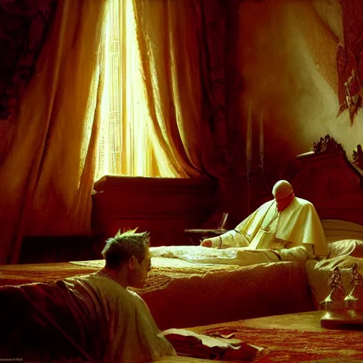 Prompt: the catholic pope in his bed, scared, because a horned demon is attacking him. highly detailed painting by gaston bussiere, greg rutkowski, craig mullins 8 k