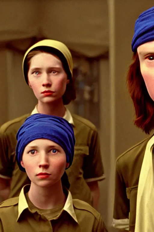 Image similar to beautiful wes anderson movie 3 5 mm film still, only one head single portrait team fortress 2 scout the girl with the pearl earring as the team fortress 2 scout team fortress 2 scout team fortress 2 scout scout team fortress 2 scout, absurdly beautiful, elegant, photographic ultrafine hyperrealistic detailed face wes anderson color, vintage, retro,