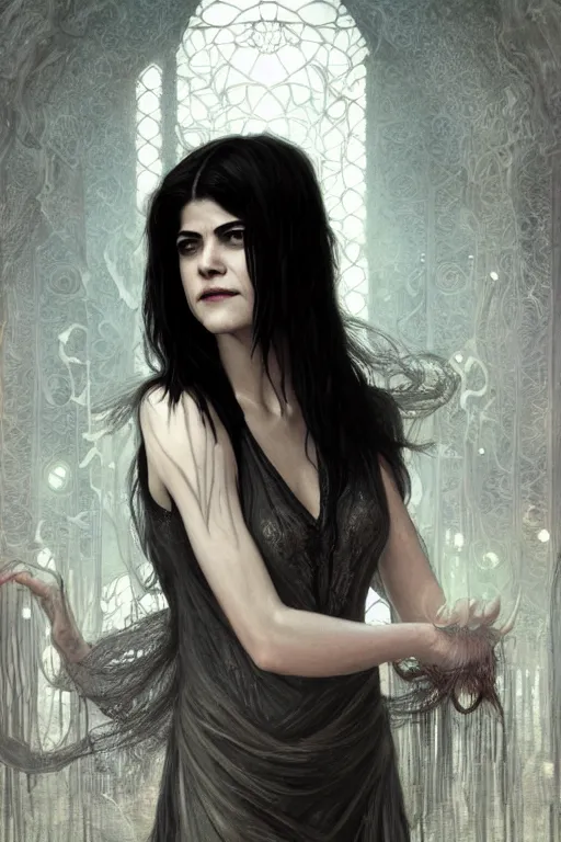 Image similar to portrait of selma blair as death of the endless, the sandman, grey clothes, in persian temple wet night, sci - fi and fantasy, intricate and very very beautiful and elegant, highly detailed, digital painting, artstation, concept art, smooth and sharp focus, illustration, art by tian zi and wlop and alphonse mucha