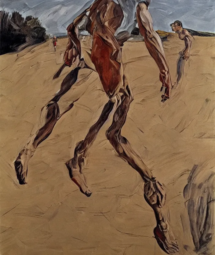 Prompt: indigenous man running, painted by lucian freud, hd, super detailed, realistic, muted colors