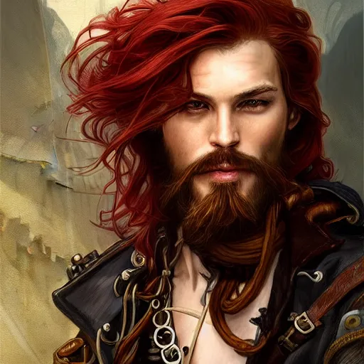 Prompt: portrait of a young rugged steampunk pirate, male, handsome, masculine, full body, red hair, long hair, soft hair, d & d, fantasy, intricate, elegant, highly detailed, steampunk, airship, digital painting, artstation, concept art, matte, sharp focus, illustration, art by artgerm and greg rutkowski and alphonse mucha