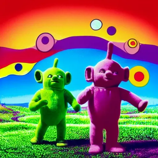 Image similar to teletubbies Tame Impala album cover art