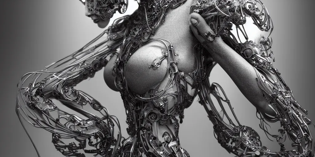 Image similar to hyper realistic photography of a stunningly beautiful cyborg female, plated arm, intimate, chest, holding close, ribbons, in the style of beth cavener, jin kagetsu,, and wlop, highly detailed, intricate filigree, symmetry, masterpiece, award winning, sharp focus, concept art, highkey lighting, ambient lighting, octane render, 8 k, artstation