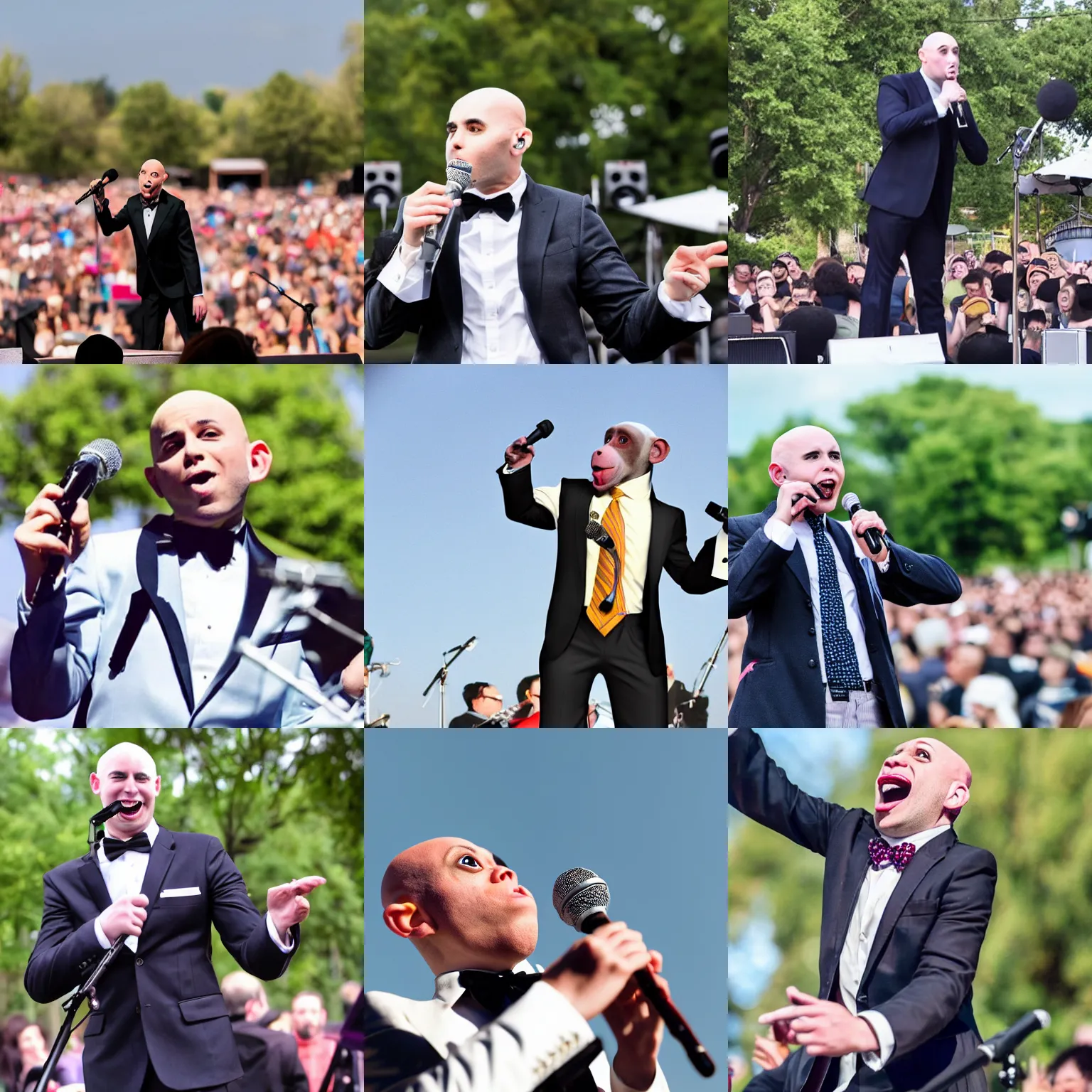 Prompt: a bald monkey wearing a suit singing into a microphone whilst performing to a large crowd at an outdoor concert