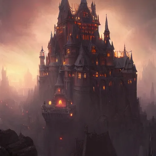 Image similar to a fantasy castle, dramatic lighting, city background, chiaroscuro, high detail, painted by greg rutkowski, painted by igor kieryluk, painted by bobby chiu, trending on artstation