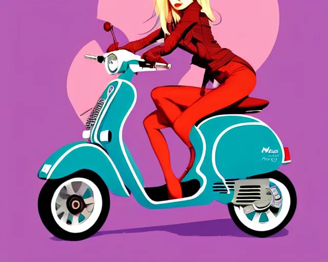 Prompt: lexi belle on a turquise vespa moped, in the style of artgerm, gerald brom, atey ghailan and mike mignola, vibrant colors and hard shadows and strong rim light, plain background, comic cover art, trending on artstation, masterpiece