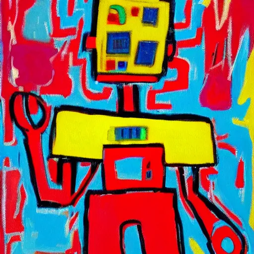 Image similar to a little robot lying in a flower field, painted by basquiat