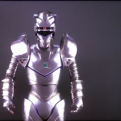 Image similar to sparkling chrome insect - themed battle armour, 1 9 8 0 s futurism, super sentai hero, tokusatsu, robin williams, robocop, studio lighting, fujifilm