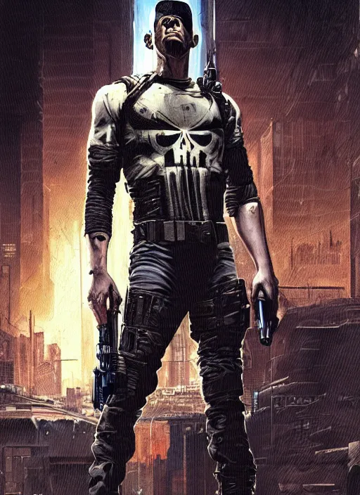 Image similar to the punisher. cyberpunk mercenary in tactical harness and jumpsuit. portrait by stonehouse and mœbius and will eisner and gil elvgren and pixar. realistic proportions. dystopian. cyberpunk 2 0 7 7, apex, blade runner 2 0 4 9 concept art. cel shading. attractive face. thick lines.