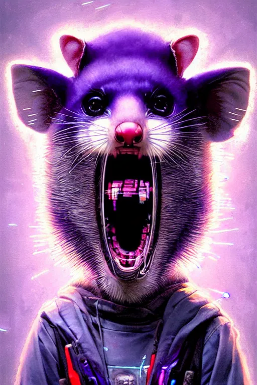 Prompt: a beautiful portrait of a cute cyberpunk opossum screaming by sandra chevrier and greg rutkowski and wlop, purple blue color scheme, high key lighting, volumetric light, digital art, highly detailed, fine detail, intricate, ornate, complex, octane render, unreal engine, photorealistic