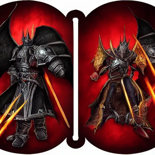 Image similar to double portrait the great death knight dark souls in golden red armor made of polished dragon bones looks relaxed, quantum physics, victorian era