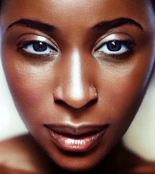 Prompt: vintage_closeup portrait_photo_of_a_stunningly beautiful_congolese_woman with amazing shiny eyes, hyper detailed by Annie Leibovitz