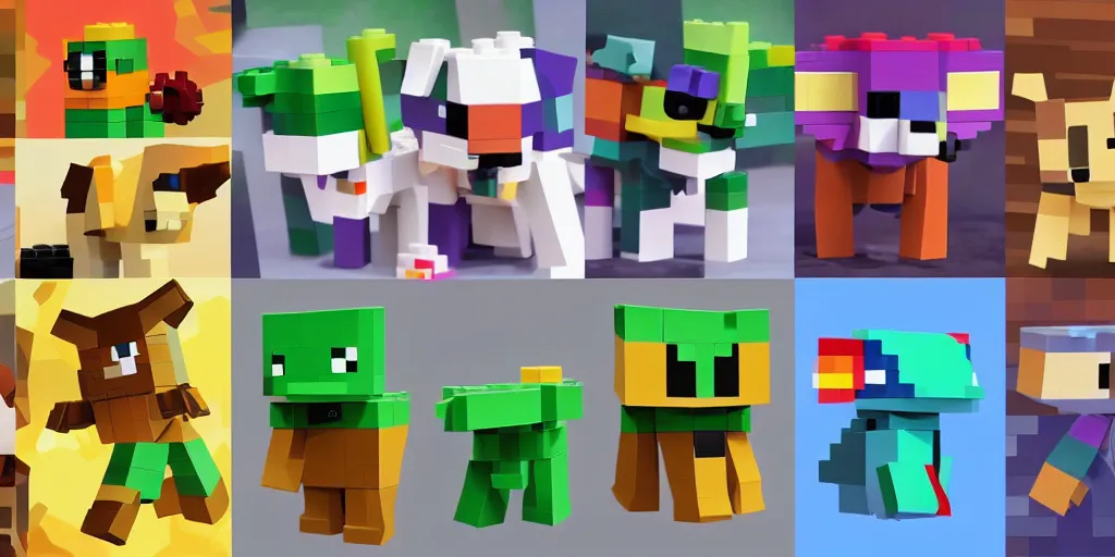 Prompt: small creatures made of a single brick, four legged, big cute eyes, quadrupedal, cute looking, kawaii, sharp focus, character sheet, game concept art, blocky, lego mixels, flat toon style like katamari damacy inspired, pokemon inspired, blocky like minecraft