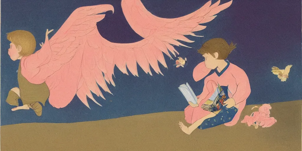 Prompt: a painting of a boy with wings folding legs with his arms, a pink background, a storybook illustration by motocchi, pixiv, naive art, pixiv, storybook illustration