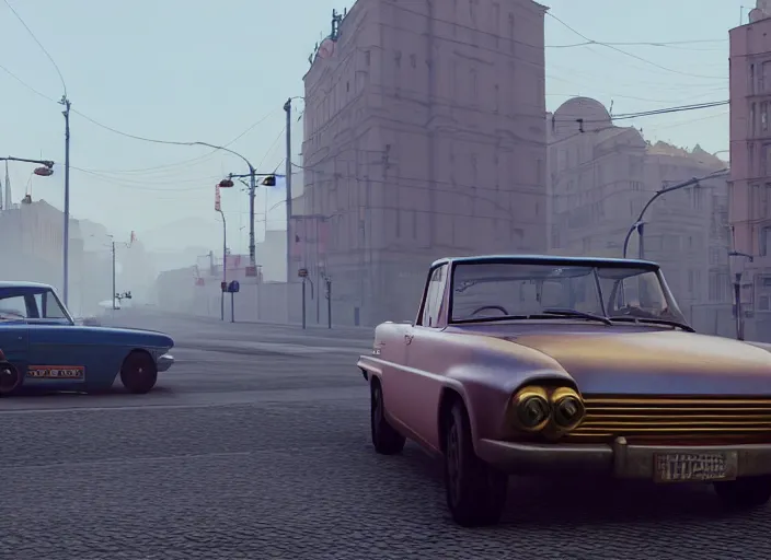 Image similar to hyperrealistic matte painting of gta game in moscow, 1 9 6 0, playstation 5 screenshot, man in adidas, mega details, golden hour, fog beautiful rtx reflections, soviet suburbs, photorealistic, unreal engine 5, octane render, volumetric light, featured on cg society, 4 k, 5 0 mm bokeh, russian lada car, artstation