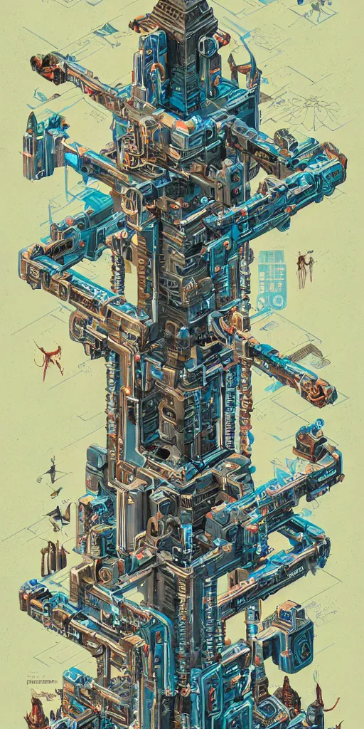 Image similar to isometric anatomy of the terminator, robot, cyborg, t100, diagrams, mystical, intricate ornamental tower floral flourishes, technology meets fantasy, map, infographic, concept art, art station, style of monument valley, giger, wes anderson