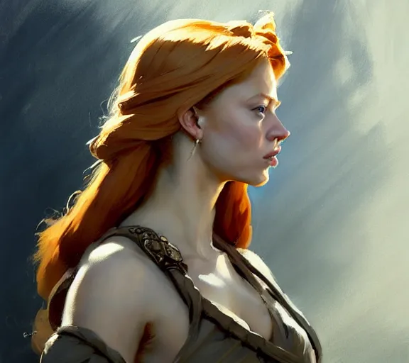 Image similar to greg manchess portrait painting of ginger beautiful princess as game of throne character, medium shot, asymmetrical, profile picture, organic painting, sunny day, matte painting, by greg rutkowski, by greg tocchini, by james gilleard, by joe fenton, dynamic lighting, gradient light blue, brown, blonde cream and white color scheme, grunge aesthetic