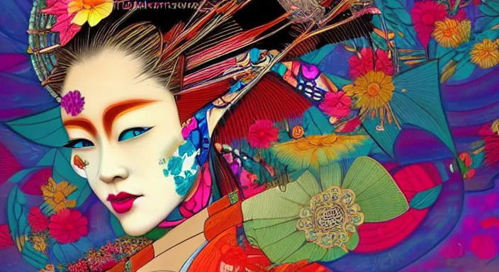 Image similar to colourful geisha in the style of android jones, 1 6 k, ultra detailed, ultra intricate, artstation